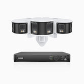 FDH600 - 6MP 8 Kanal PoE Panorama Überwachungskamera-Set mit 3 Kameras, zwei Objektiven, 180° Ultraweitwinkel, f/1.2 Superblende, BSI-Sensor, integriertes Mikrofon, aktive Sirene und Alarm, Personen-und Fahrzeugerkennung